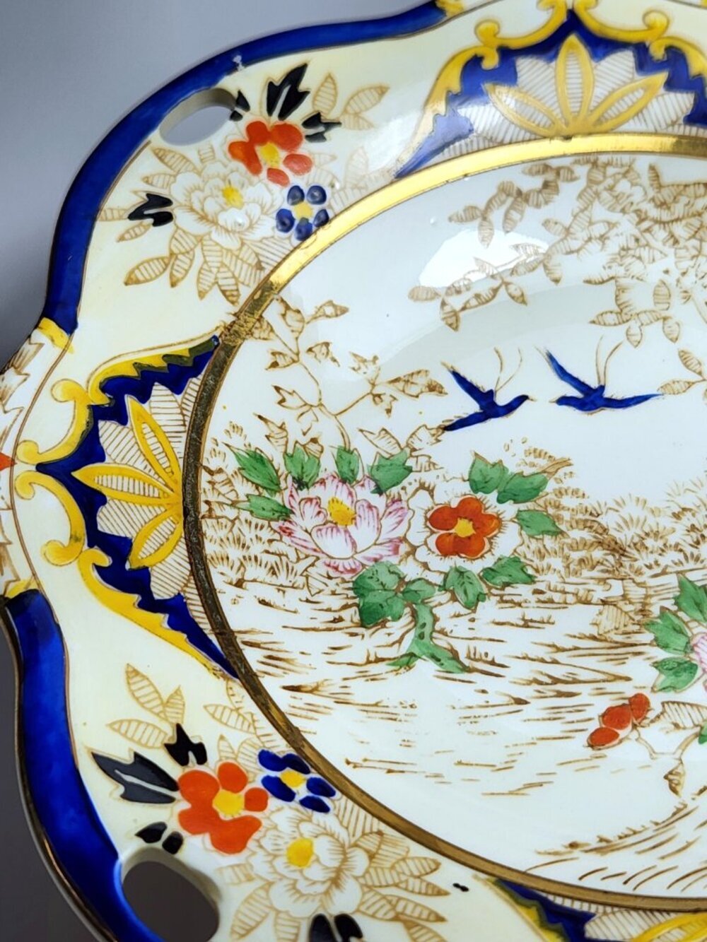 Vintage Noritake Pedestal Bowl Cherry Blossom Mark Imari Cobalt Blue Gold 6 1/4 - Picture 6 of 12
